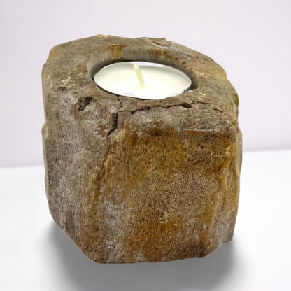 Alt Tag: Single Low Petrified Wood Candle Holder – Natural Stone with tea light, low-profile natural stone candle holder