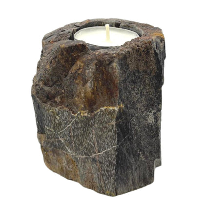 Alt Tag: Single Low Petrified Wood Candle Holder – Natural Stone, low-profile natural stone candle holder with tealight insert