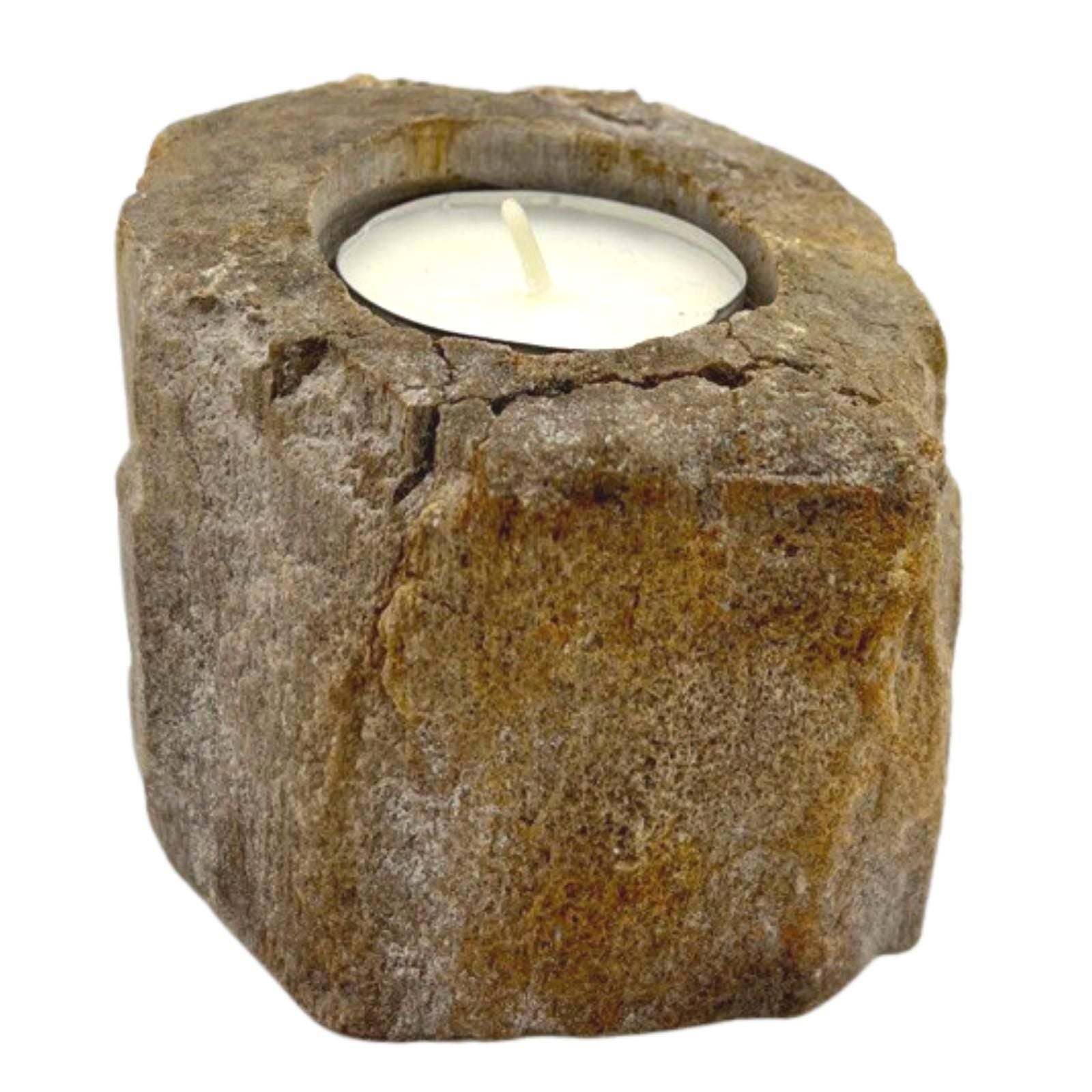 Alt Tag: Single Low Petrified Wood Candle Holder – Natural Stone, natural stone tealight holder with low-profile design and rustic texture