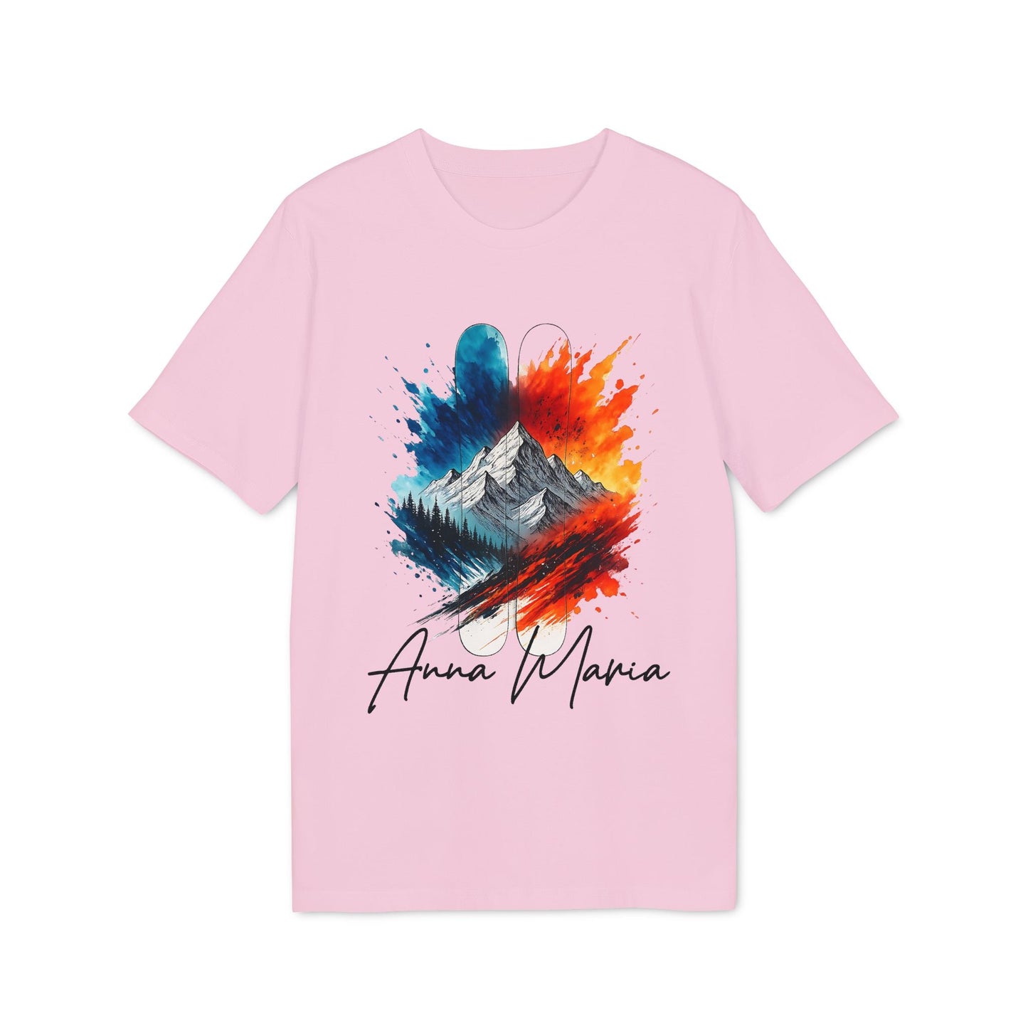 Ski Lover Personalized Her Sustainable Unisex Tee pink t-shirt with colorful mountain graphic and custom name Anna Maria