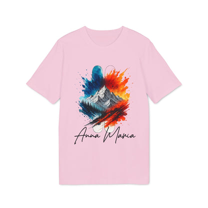 Ski Lover Personalized Her Sustainable Unisex Tee pink t-shirt with colorful mountain graphic and custom name Anna Maria