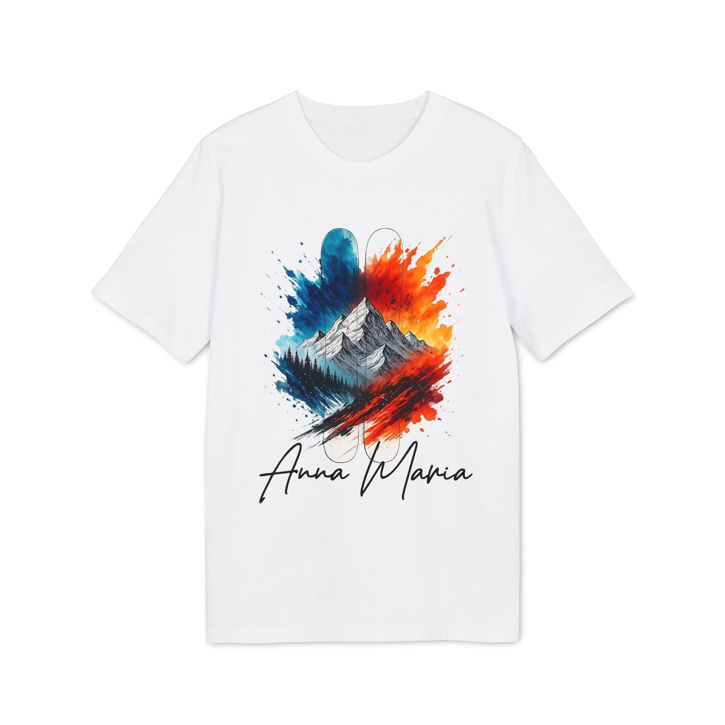 Ski Lover Personalized Her Sustainable Unisex Tee white t-shirt with colorful mountain ski graphic and custom name Anna Maria