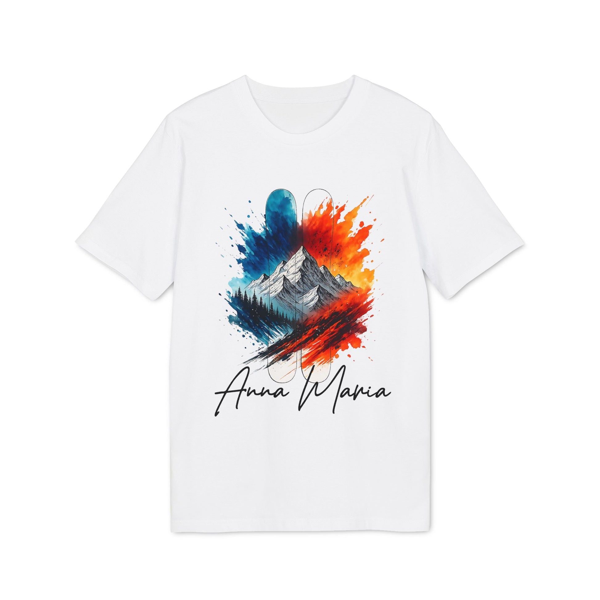 Ski Lover Personalized Her Sustainable Unisex Tee white t-shirt with colorful mountain ski graphic and custom name Anna Maria