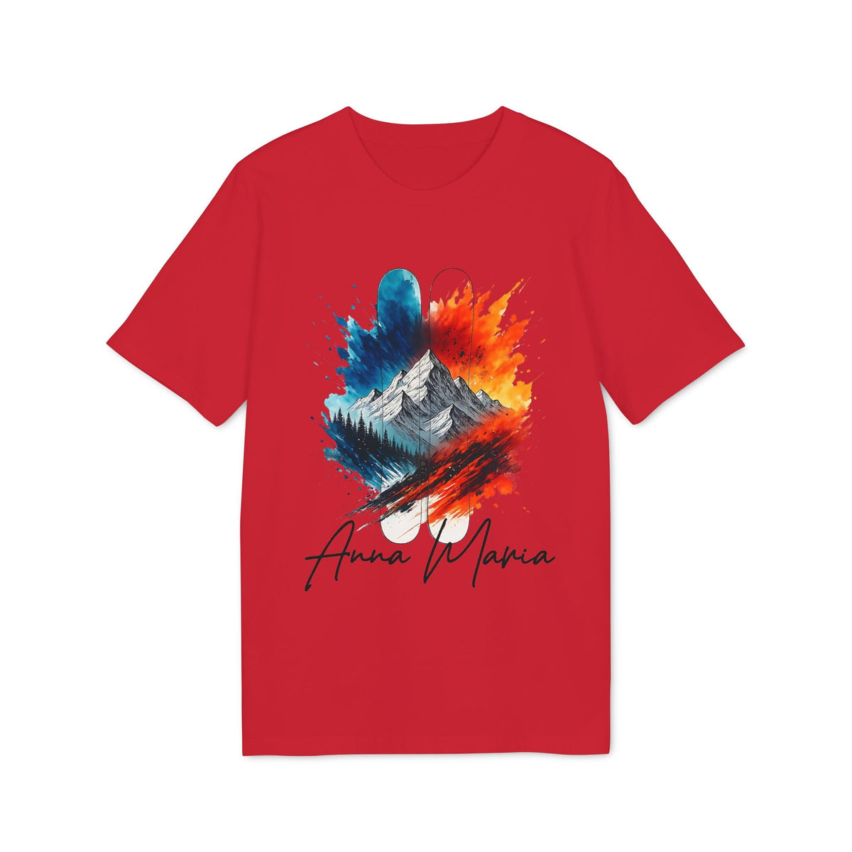 Ski Lover Personalized Her Sustainable Unisex Tee roja con arte de montañas y bosque, detalle de nombre personalizado “Anna Maria”