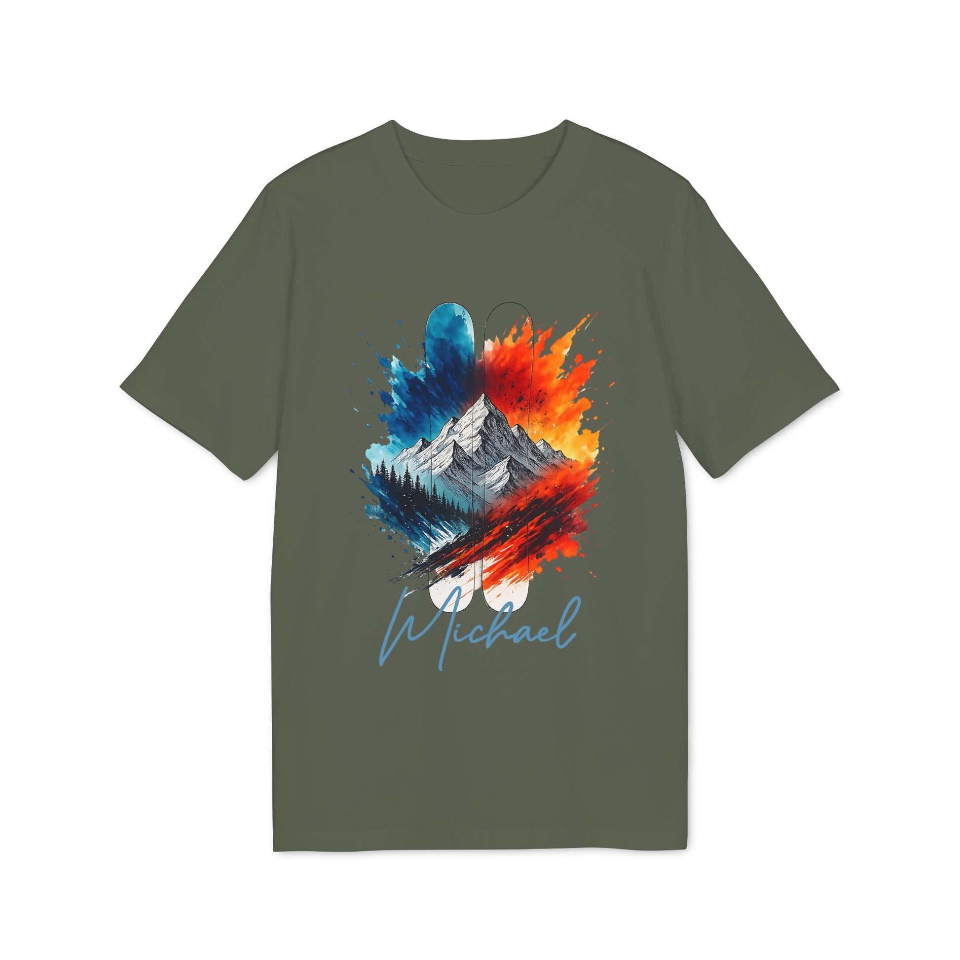 Alt Tag: Ski Men Personalized Sustainable Unisex Tee olive green t-shirt with colorful mountain ski graphic and name Michael