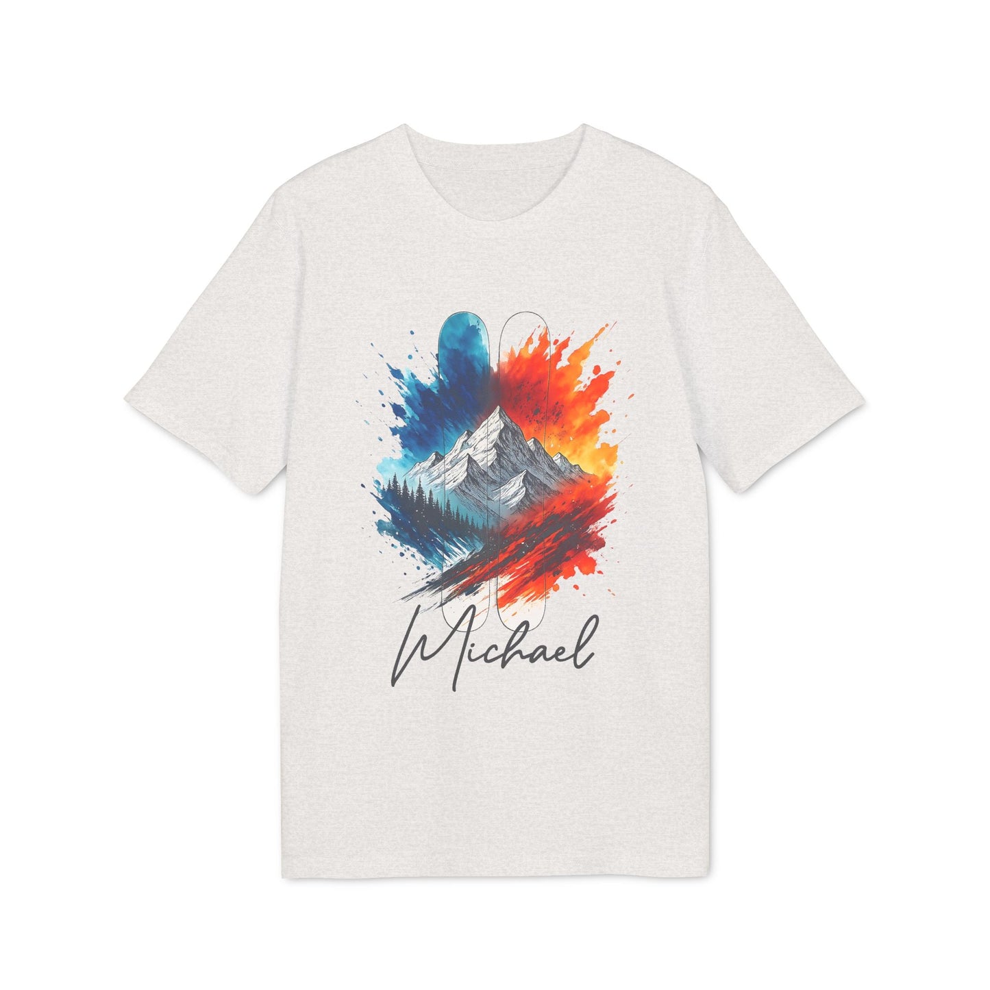 Alt Tag: Ski Men Personalized Sustainable Unisex Tee blanca con arte de montaña y esquí en acuarela, nombre personalizado “Michael”