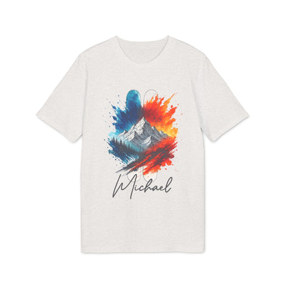 Alt Tag: Ski Men Personalized Sustainable Unisex Tee blanca con arte de montaña y esquí en acuarela, nombre personalizado “Michael”