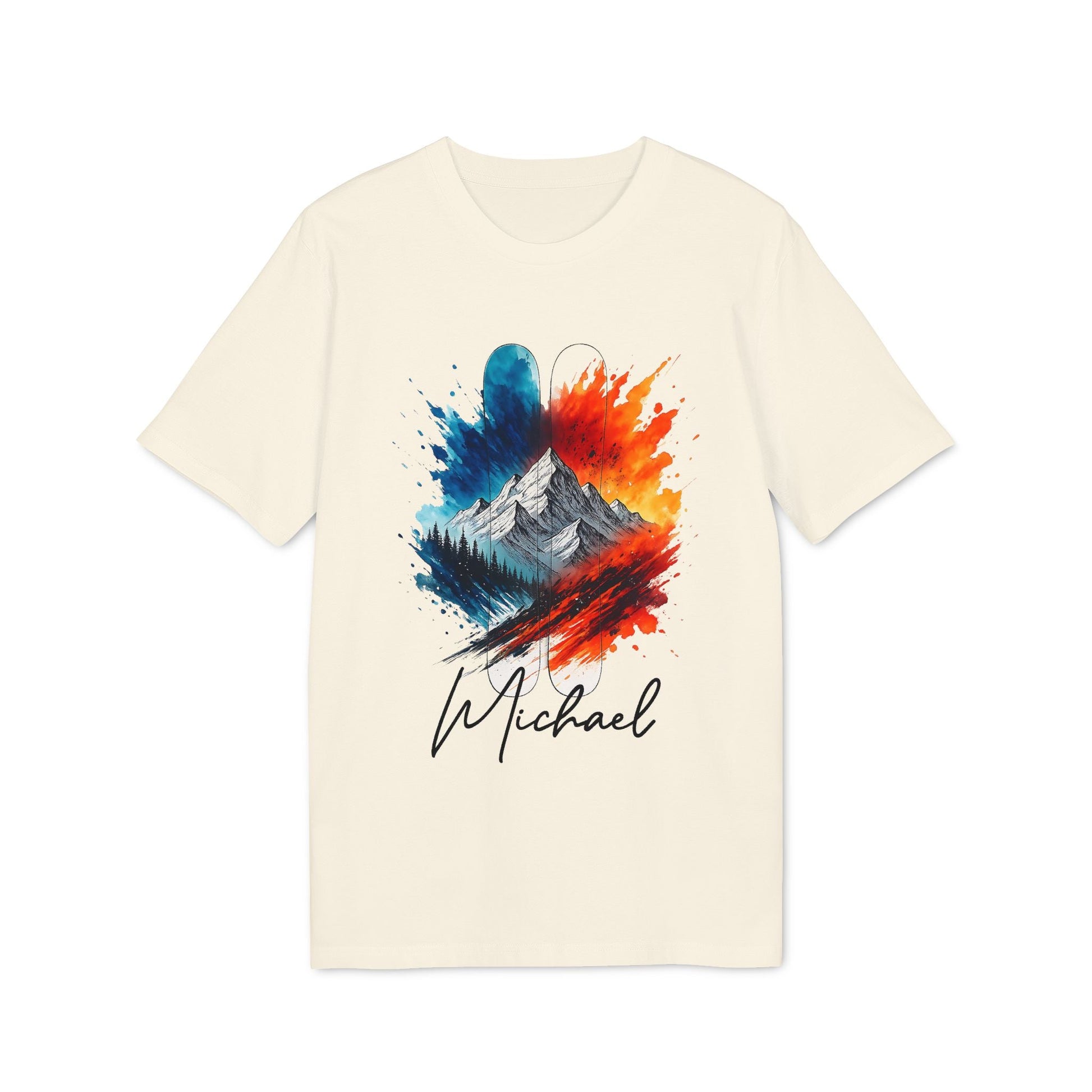 Ski Men Personalized Sustainable Unisex Tee con diseño de montaña estilo acuarela y nombre personalizado Michael, camiseta color crema