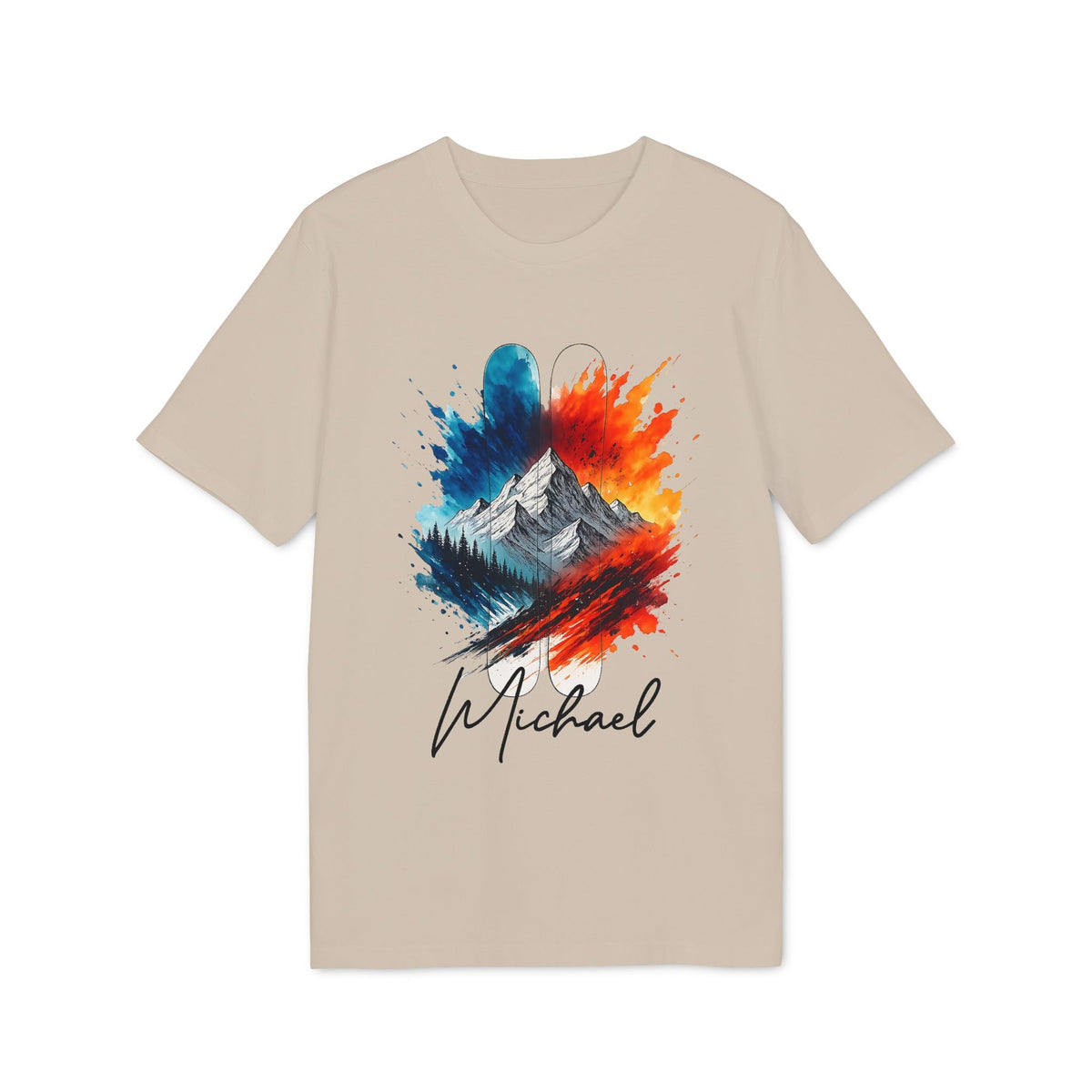 Ski Men Personalized Sustainable Unisex Tee beige t-shirt with colorful mountain ski graphic and custom name Michael