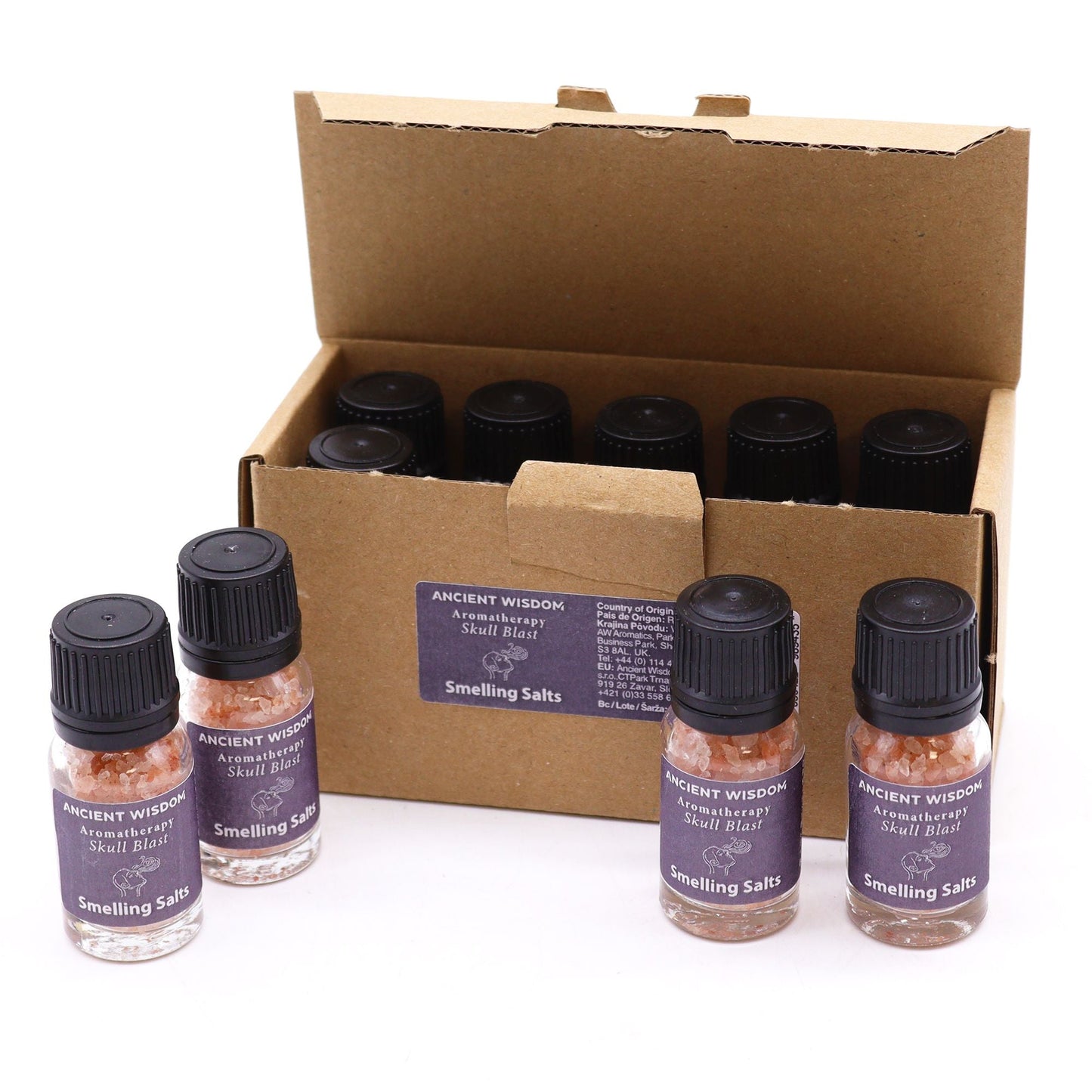 Alt Tag: Skull Blast Aromaaroma Salts – 6.2x2.4 CM en frascos pequeños con tapa negra y caja de cartón, smelling salts aromáticos