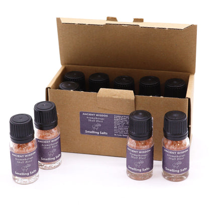 Alt Tag: Skull Blast Aromaaroma Salts – 6.2x2.4 CM en frascos pequeños con tapa negra y caja de cartón, smelling salts aromáticos