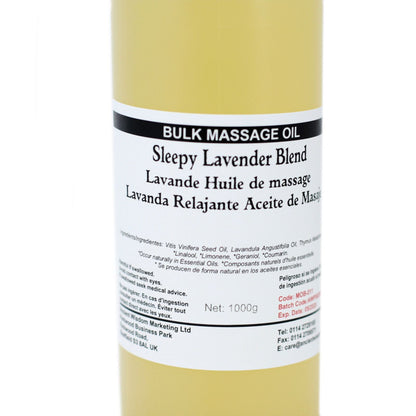 Sleepy Lavender Massageolja – 1 kg storflaska med etikett för massageolja Sleepy Lavender Blend 1000 g