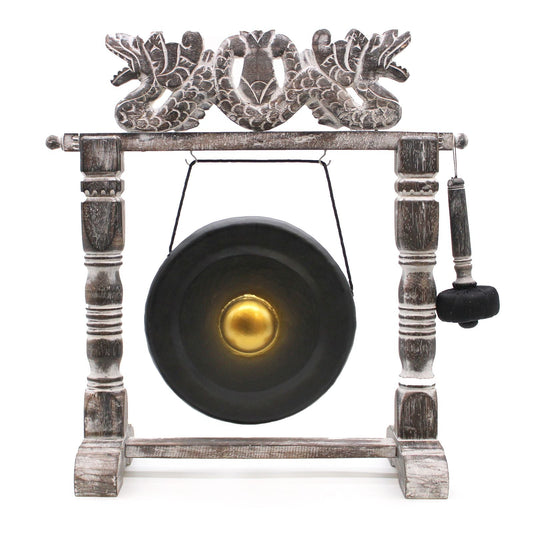 Gong armonizador pequeño en soporte – 25 CM – Negro, gong negro sobre soporte de madera tallada con mazo, vista frontal