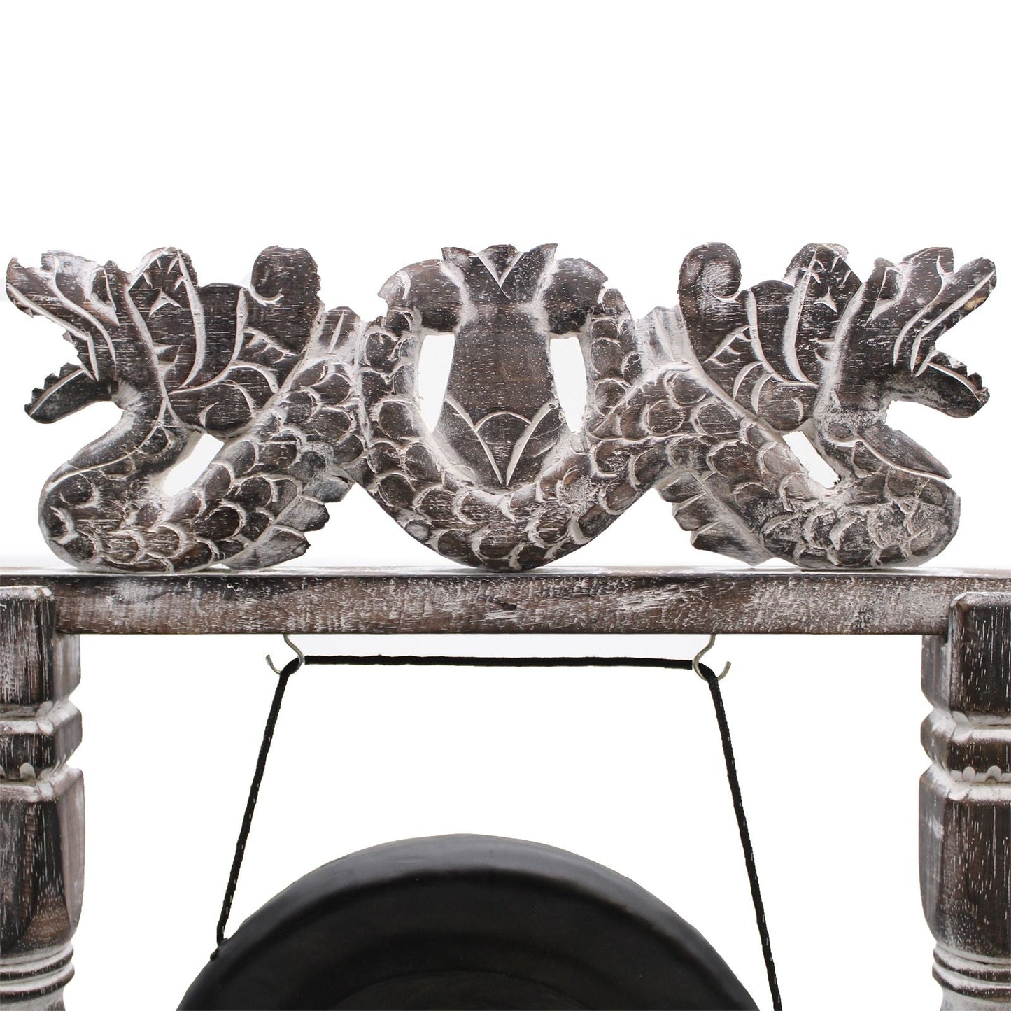 Alt Tag: Small Harmonizing Gong in Stand – 25 CM – Black, detail of carved wooden stand with decorative motif and hanging black gong
