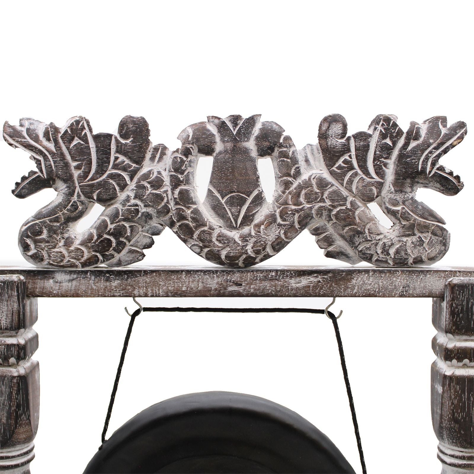 Alt Tag: Small Harmonizing Gong in Stand – 25 CM – Black, detail of carved wooden stand with decorative motif and hanging black gong