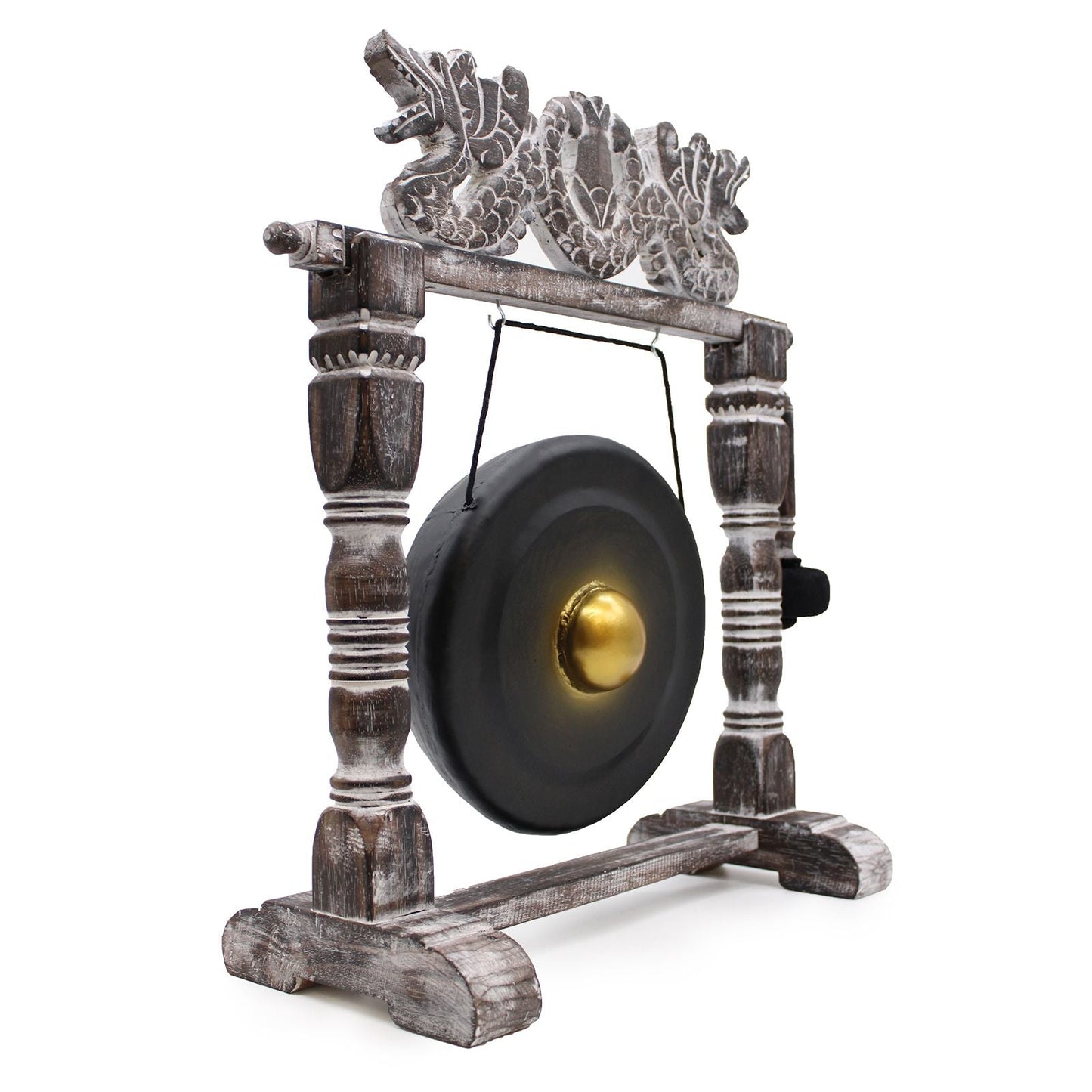 Alt Tag: Small Harmonizing Gong in Stand – 25 CM – Black, compact black gong with gold center hanging on carved wooden stand