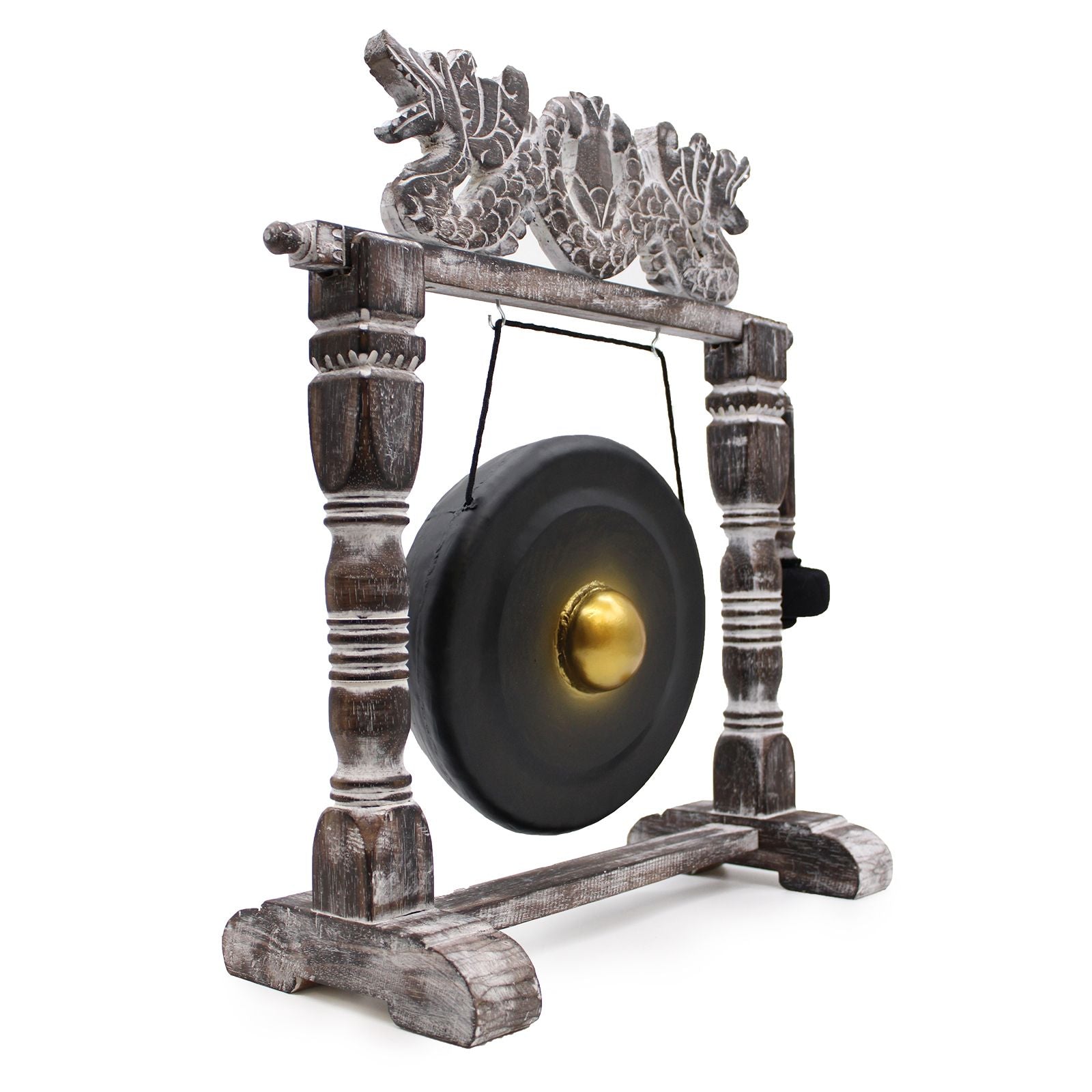 Alt Tag: Small Harmonizing Gong in Stand – 25 CM – Black, compact black gong with gold center hanging on carved wooden stand