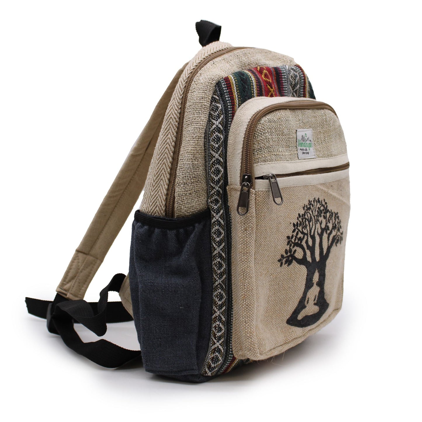 Small Hemp Backpack - Bohdi Tree Design mochila pequeña de cáñamo con bordado del árbol Bodhi, bolsillo frontal con cremallera
