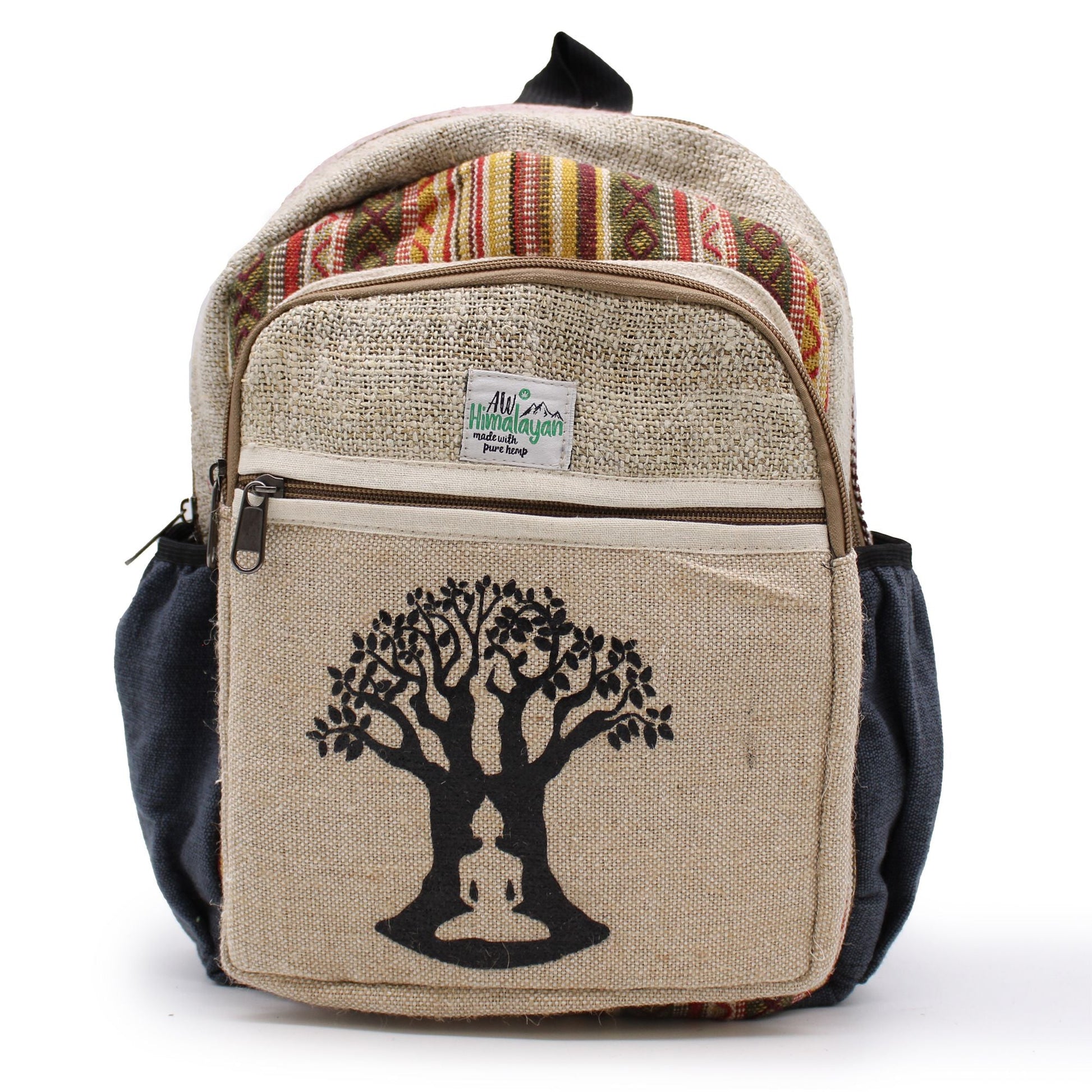 Alt Tag: Small Hemp Backpack - Bohdi Tree Design hemp and cotton backpack with embroidered Bohdi tree front pocket, zip compartments, side pockets