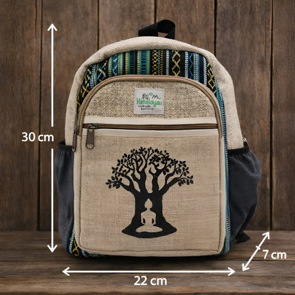 Alt Tag: Small Hemp Backpack - Bohdi Tree Design with embroidered tree and meditating figure, handcrafted hemp and cotton, 30x22x7 cm