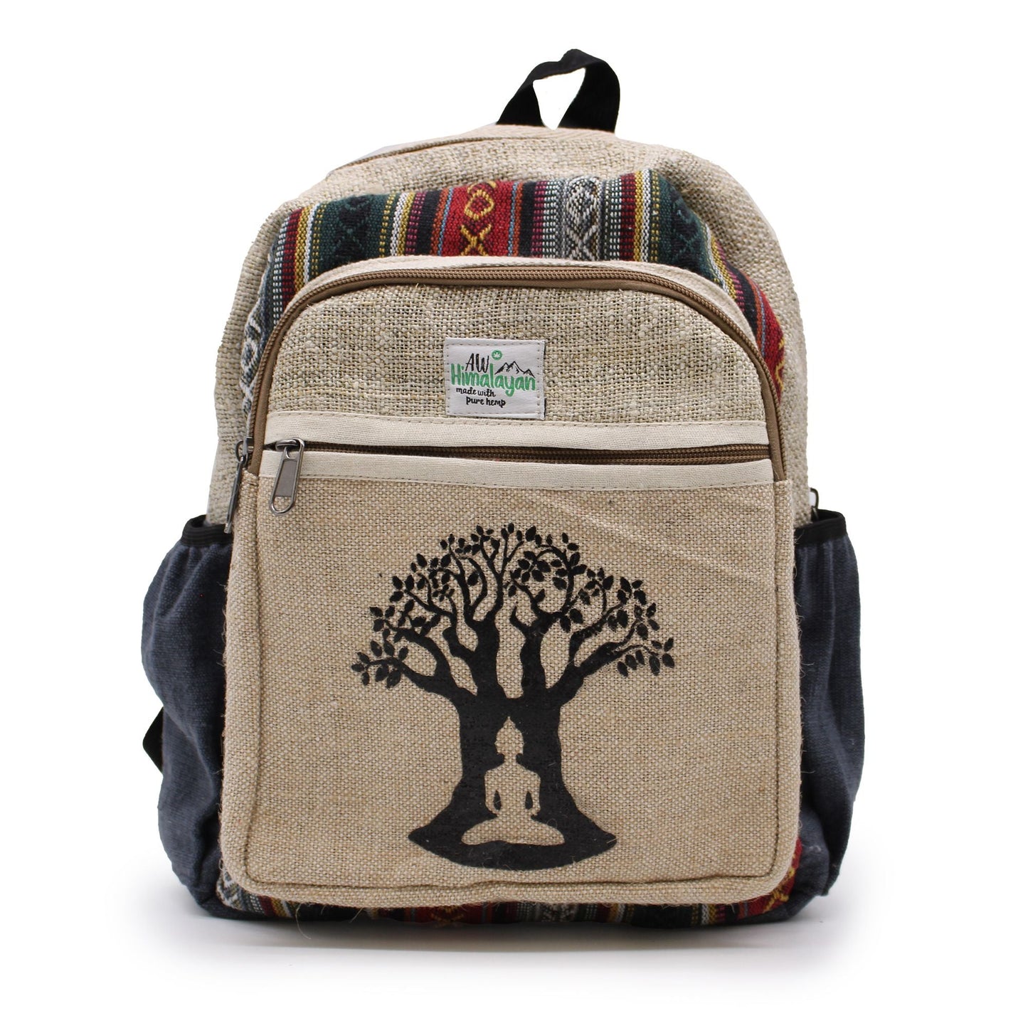 Small Hemp Backpack - Bohdi Tree Design, mochila pequeña de cáñamo con bordado árbol Bodhi, bolsillo frontal con cierre y detalles textiles