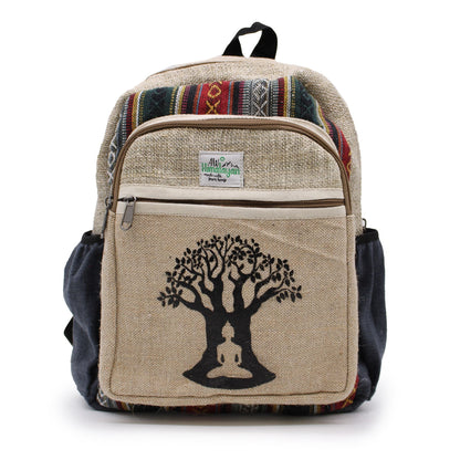 Small Hemp Backpack - Bohdi Tree Design, mochila pequeña de cáñamo con bordado árbol Bodhi, bolsillo frontal con cierre y detalles textiles