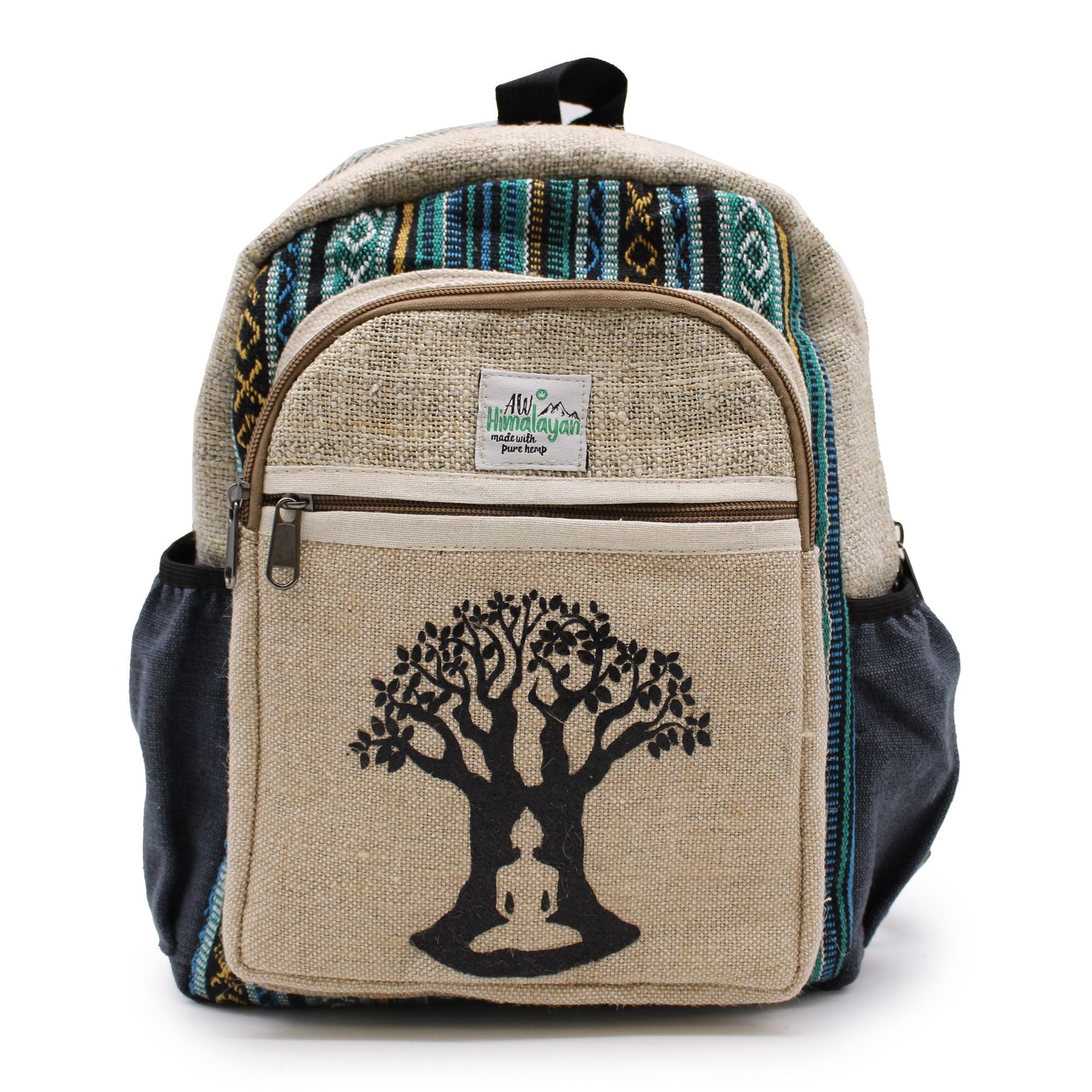 Alt Tag: Small Hemp Backpack - Bohdi Tree Design, mochila pequeña de cáñamo y algodón natural con bordado árbol Bodhi, bolsillos frontales