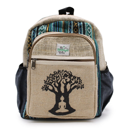 Alt Tag: Small Hemp Backpack - Bohdi Tree Design, mochila pequeña de cáñamo y algodón natural con bordado árbol Bodhi, bolsillos frontales
