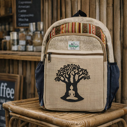Alt Tag: Small Hemp Backpack - Bohdi Tree Design de cáñamo y algodón natural, bordado árbol Bodhi, hecho a mano en Katmandú, Nepal