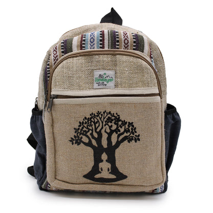 Alt Tag: Small Hemp Backpack - Bohdi Tree Design hemp and cotton backpack with black Bodhi tree embroidery, front zip pocket and woven trim