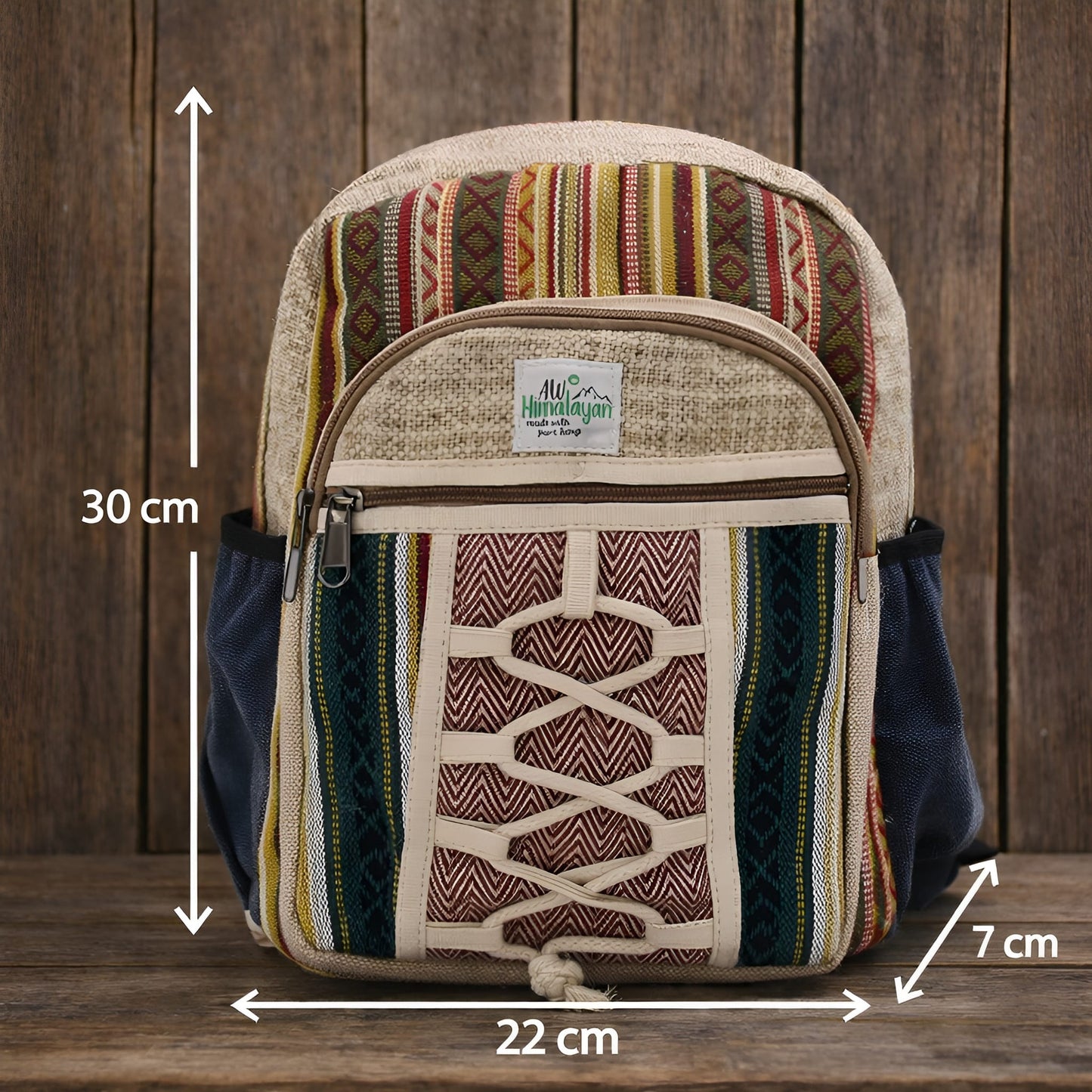 Liten ryggsäck i hampa – Rope & Pockets Style handgjord ryggsäck i hampa-bomull med repdetalj, flera fickor, 30x22x7 cm