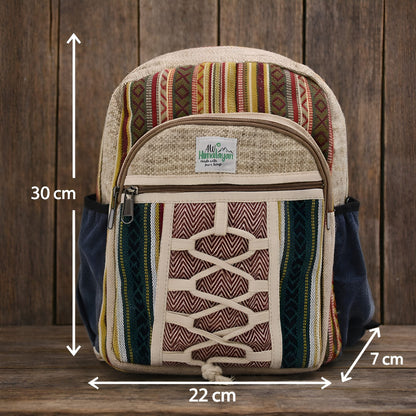 Liten ryggsäck i hampa – Rope & Pockets Style handgjord ryggsäck i hampa-bomull med repdetalj, flera fickor, 30x22x7 cm