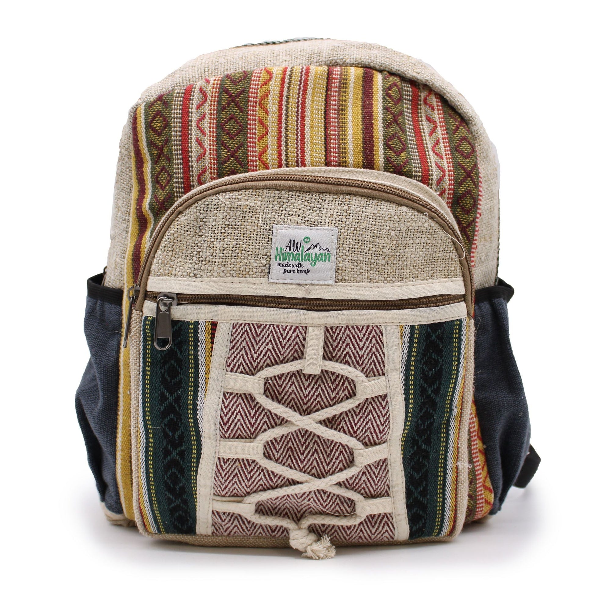 Liten ryggsäck i hampa – Rope & Pockets Style, handgjord i Katmandu, Nepal, ryggsäck i hampa och bomull med repdetalj framtill och fickor