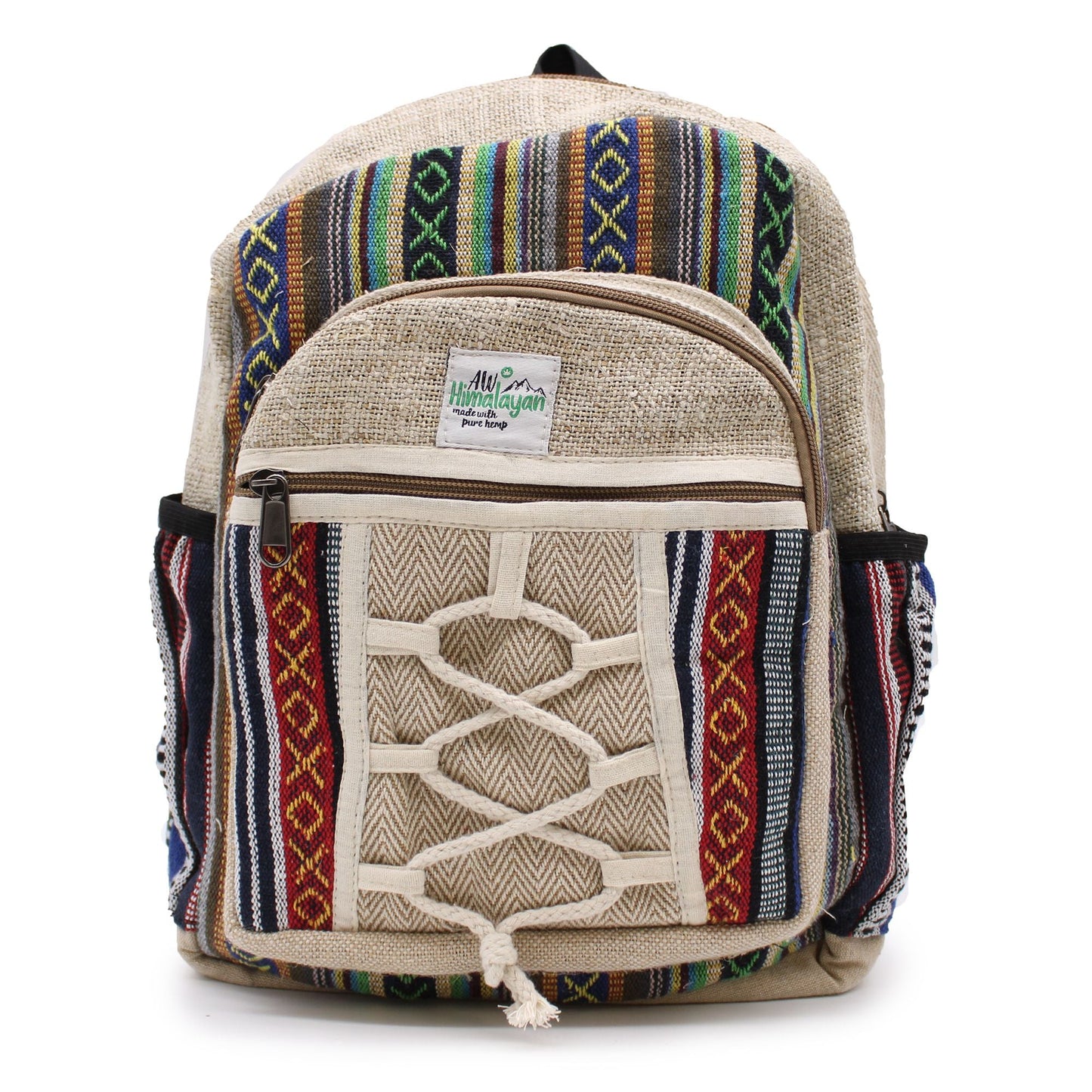 Alt Tag: Liten ryggsäck i hampa – Rope & Pockets Style handgjord ryggsäck i hampa och bomull från Himalaya med rep framtill och flerfärgade fickor, 30x22x7 cm