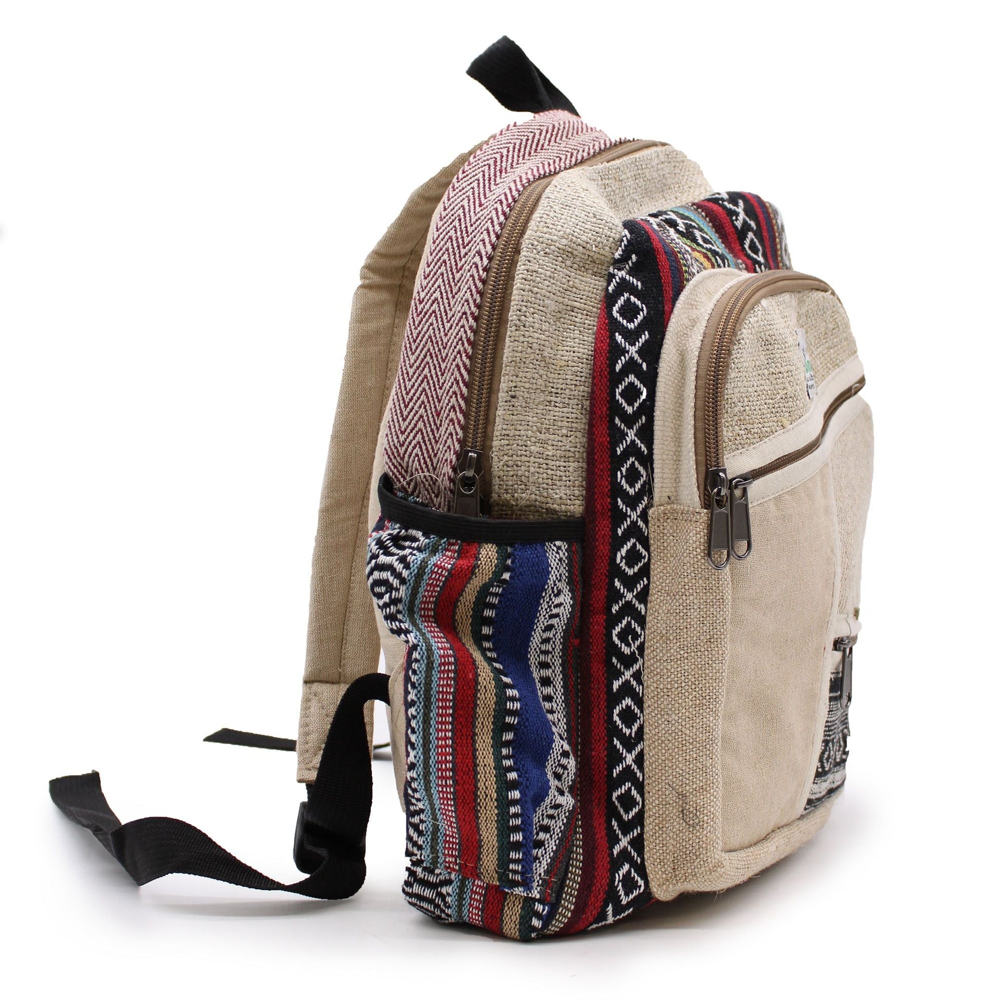 Liten ryggsäck i hampa – Zig Zag Zips Style, liten ryggsäck i hampa och bomull med dragkedjor och zigzag-mönster, beige färg