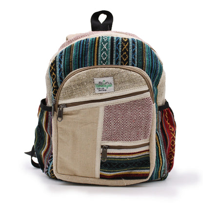 Liten ryggsäck i hampa – Zig Zag Zips Style, handgjord liten ryggsäck i hampa och bomull med framfickor och ett flerfärgat mönster
