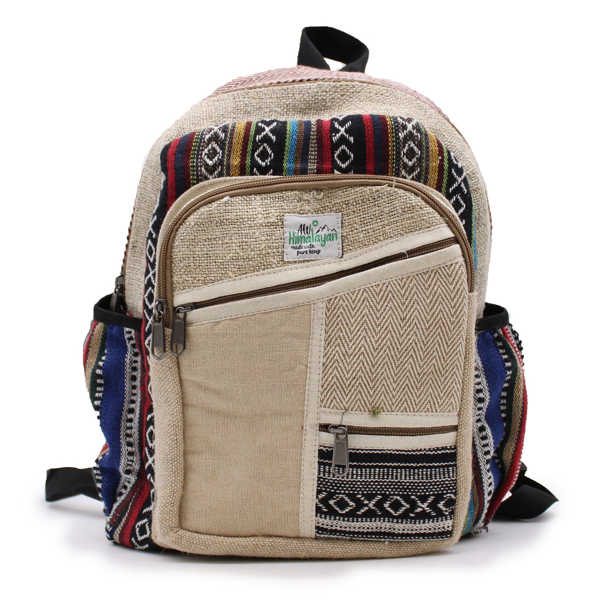 Liten ryggsäck i hampa – Zig Zag Zips Style, handgjord liten ryggsäck i hampa och bomull med framfickor och dragkedjor, 30x22x7 cm