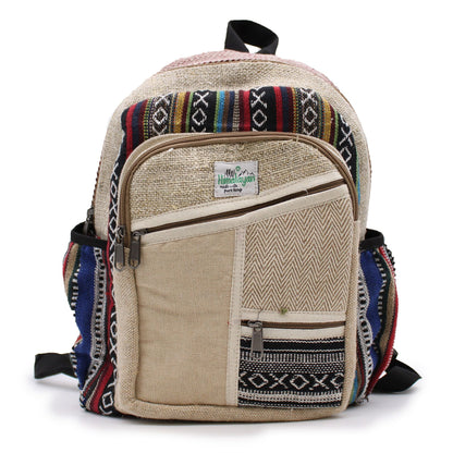 Liten ryggsäck i hampa – Zig Zag Zips Style, handgjord liten ryggsäck i hampa och bomull med framfickor och dragkedjor, 30x22x7 cm