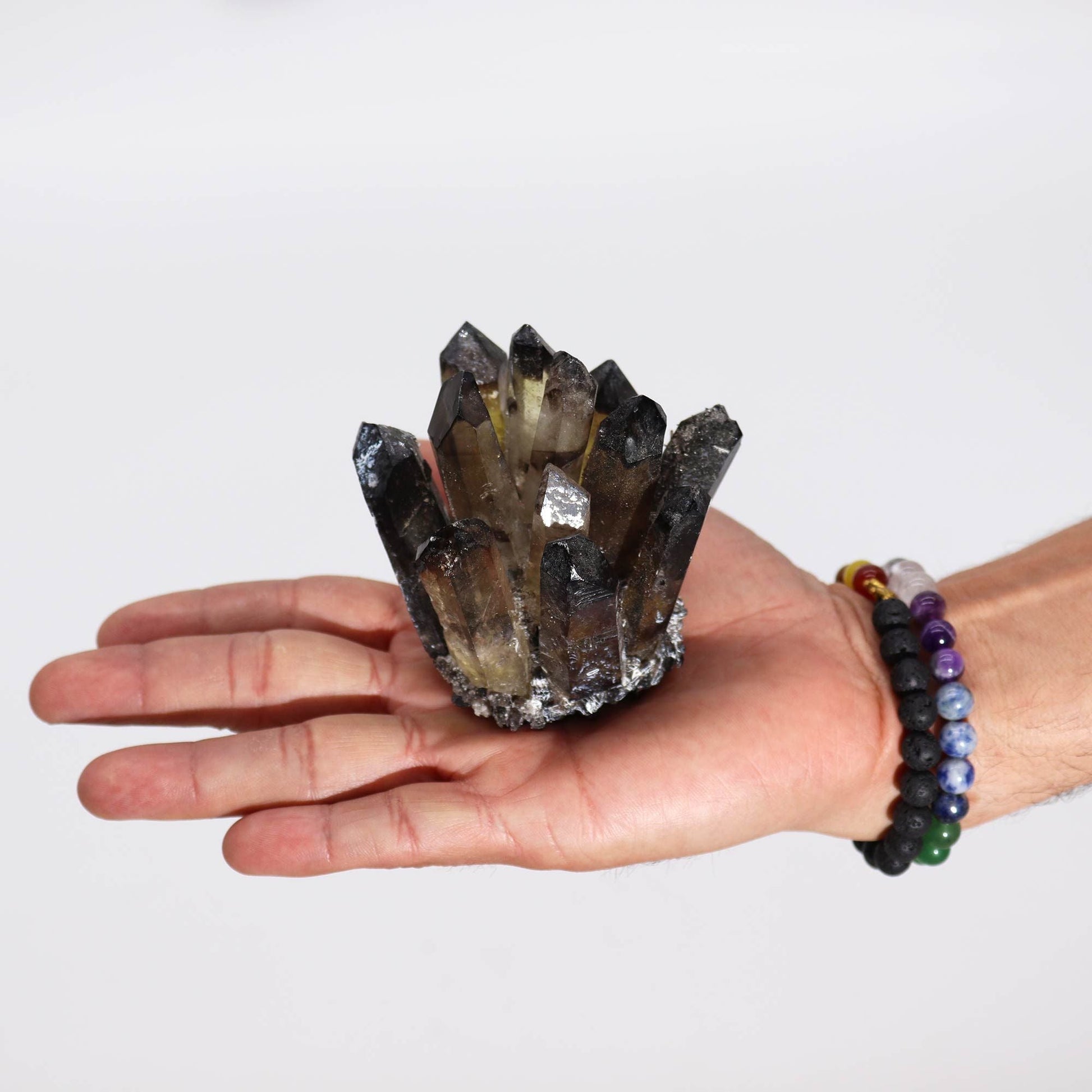 Smoky Ghost Quartz Cluster – 250–300G 8CM held in hand, natural smoky quartz crystal cluster with dark points, approx 8 cm
