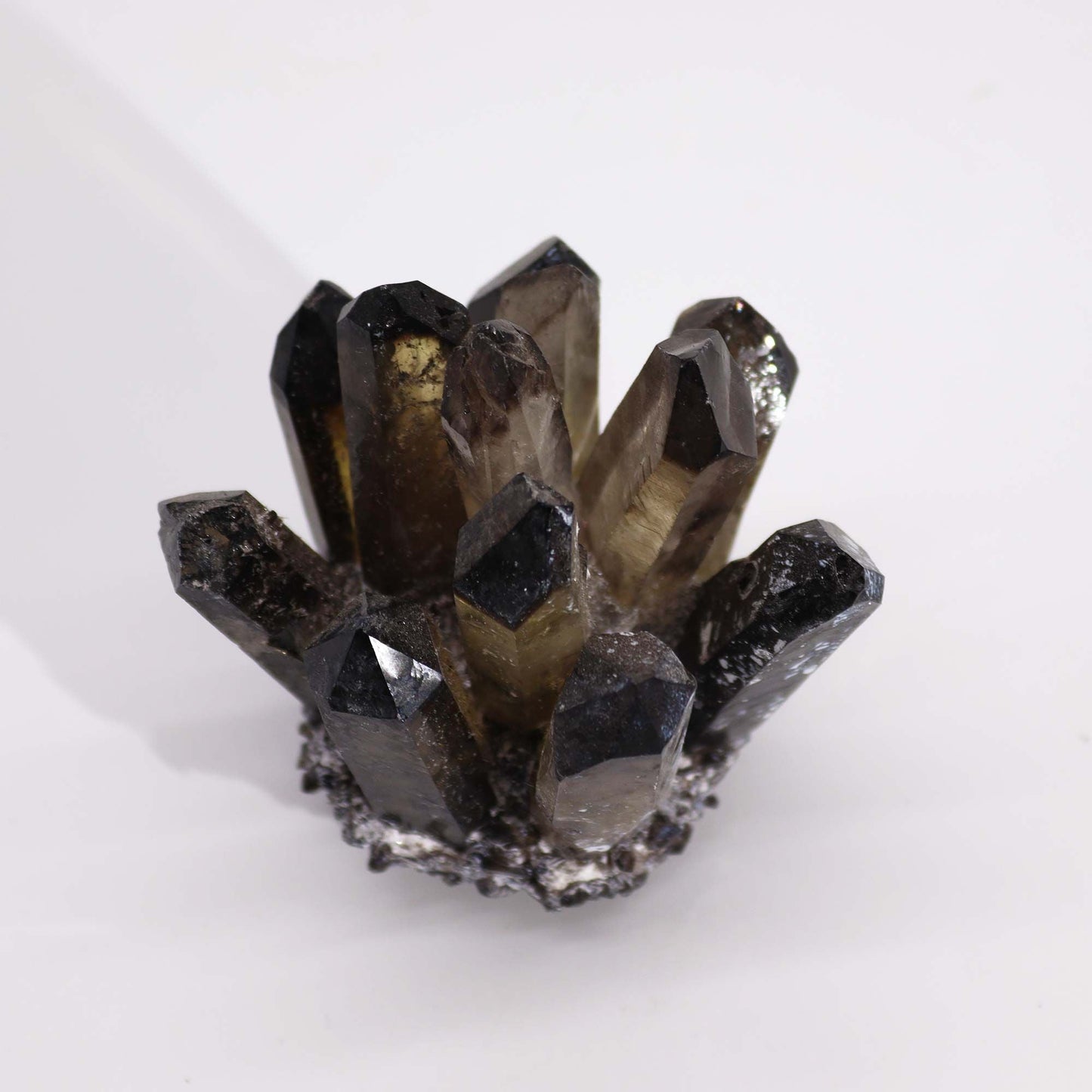 Smoky Ghost Quartz Cluster – 250–300G 8CM natural crystal cluster with dark smoky points on white background, approx 8 cm