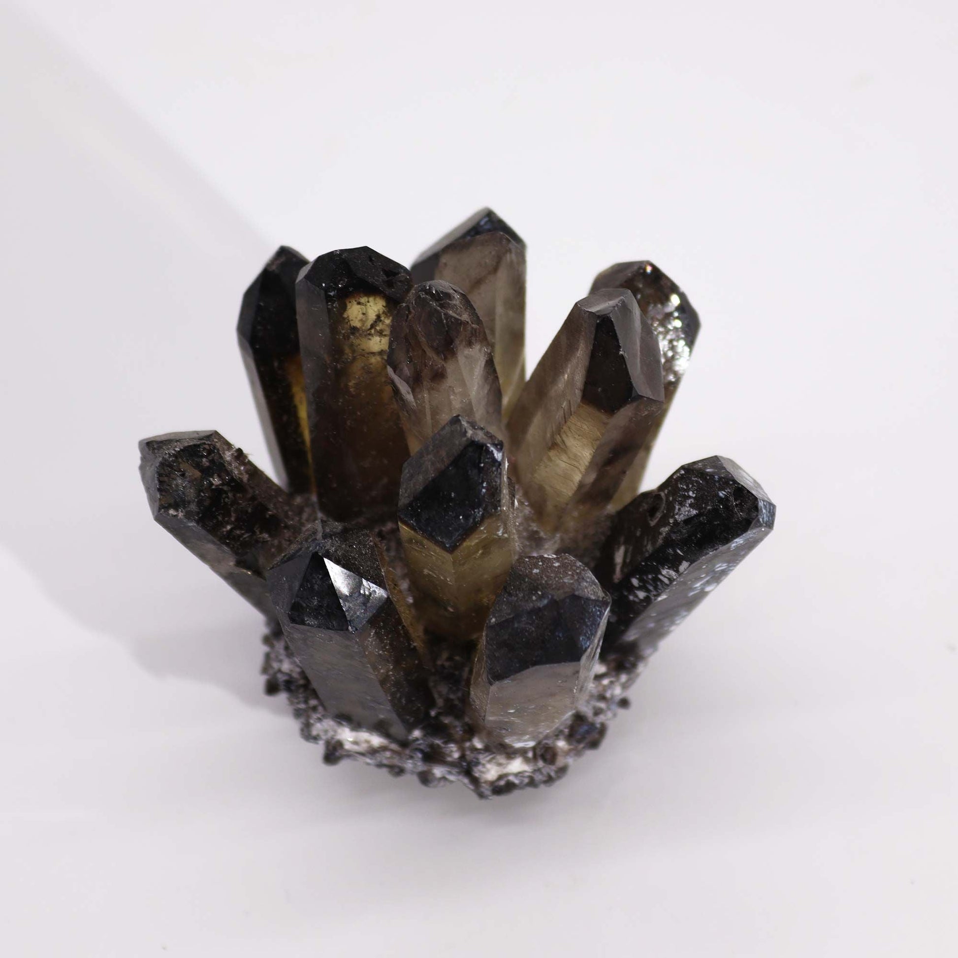 Smoky Ghost Quartz Cluster – 250–300G 8CM natural crystal cluster with dark smoky points on white background, approx 8 cm