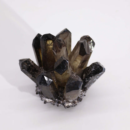 Smoky Ghost Quartz Cluster – 250–300G 8CM natural crystal cluster with dark smoky points on white background, approx 8 cm
