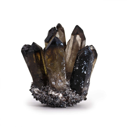Smoky Ghost Quartz Cluster – 250–300G 8CM, racimo de cuarzo ahumado con puntas cristalinas en base mineral, 8 cm