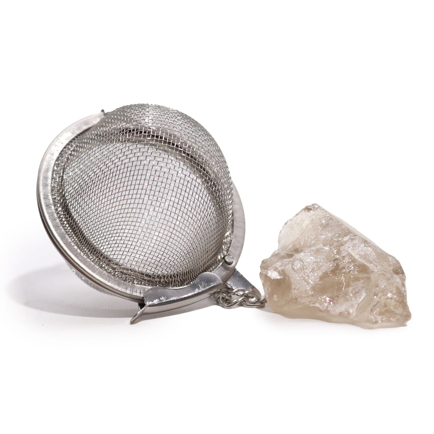 Smoky Quartz Crystal Tea Strainer – 7.5x5 CM con colador de acero inoxidable y piedra de cuarzo ahumado sobre fondo blanco