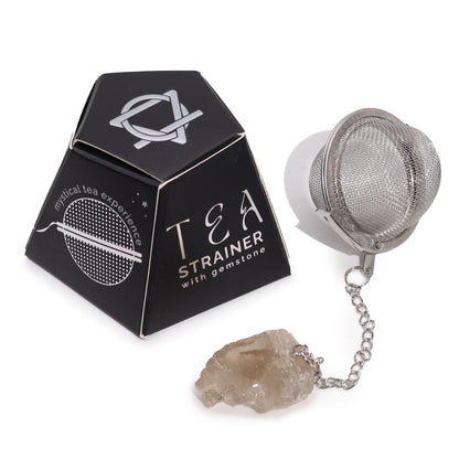 Smoky Quartz Crystal Tea Strainer – 7.5x5 CM stainless steel mesh infuser with gemstone chain and black tea strainer box