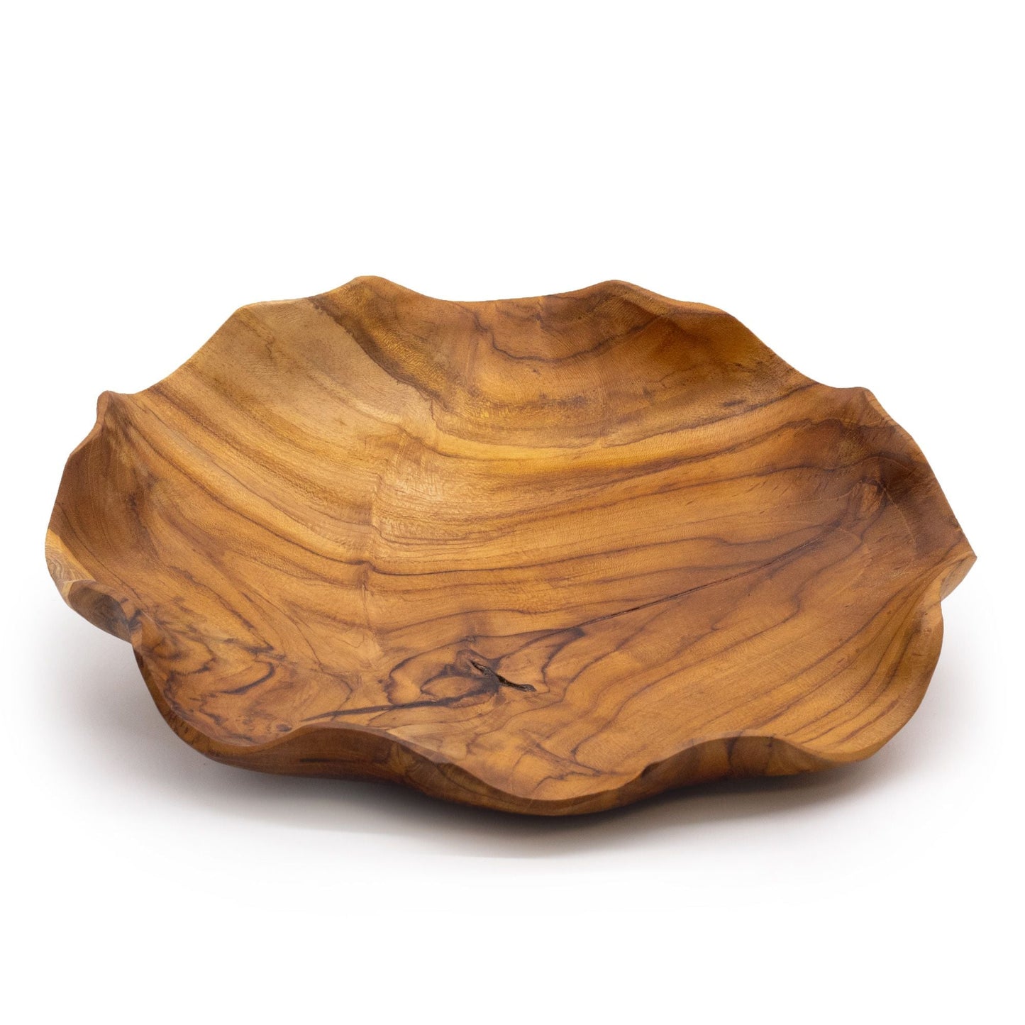 Smooth Round Teakwood Fruit Bowl – 28 × 5.5 CM, handcrafted teakwood bowl with natural wood grain, smooth minimalist design