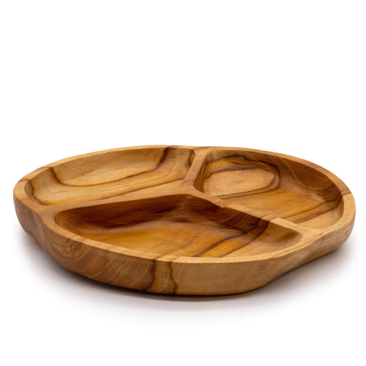 Alt Tag: Smooth Teakwood Fruit Bowl – Three Sections (30 × 4 CM), handcrafted teakwood serving bowl with three compartments for fruit, nuts and snacks