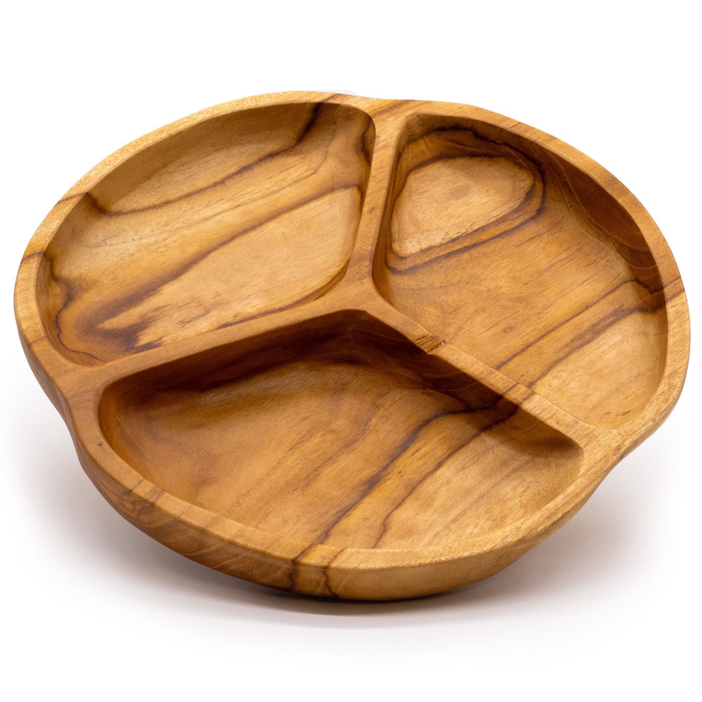 Alt Tag: Smooth Teakwood Fruit Bowl – Three Sections (30 × 4 CM), round teakwood bowl with 3 compartments, natural wood grain