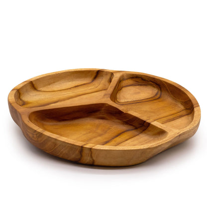 Smooth Teakwood Fruit Bowl – Three Sections (30 × 4 CM), bowl de teca con 3 compartimentos para servir frutas, snacks o nueces