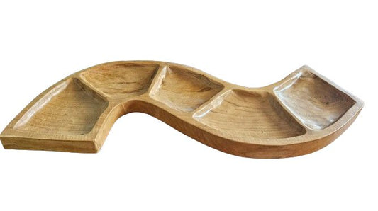 Snake Shaped Teak Bowl – Approx. 55 CM, handmade solid teakwood serpentine serving bowl with divided compartments, natural wood grain